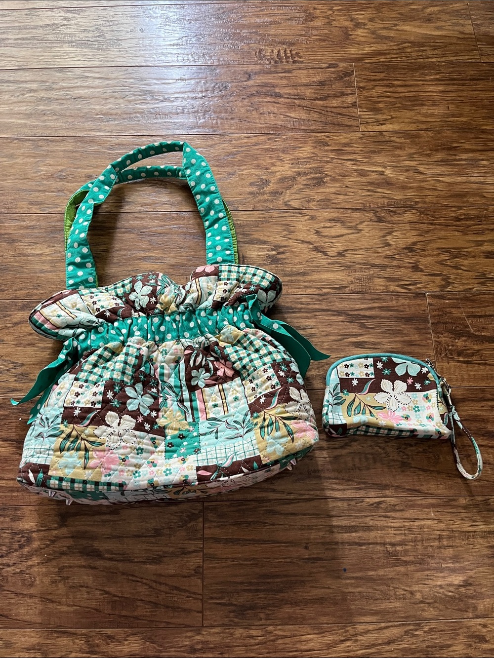 Quilted Floral Patchwork Tote with Matching Coin Pouch - Green & Brown
